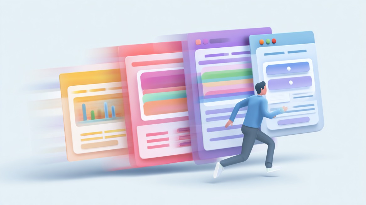 Illustration of a person running past fast loading website templates