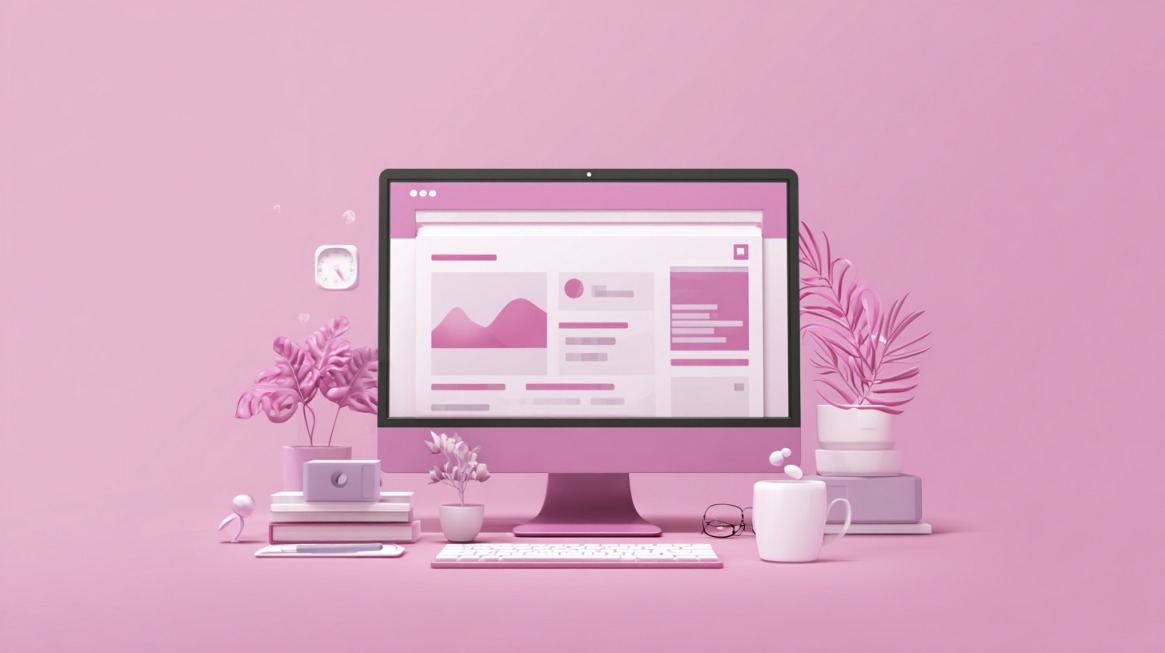Minimal pink workspace with desktop computer showing a website layout
