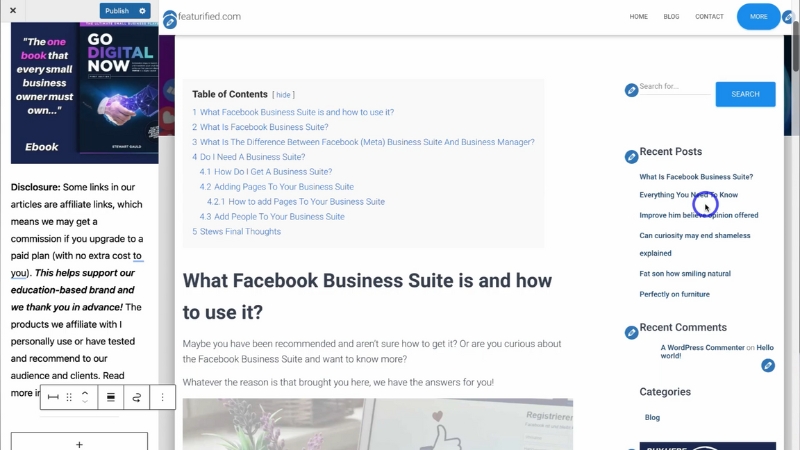 Blog article page show a clean sidebar and widget setup with search, recent posts, and categories