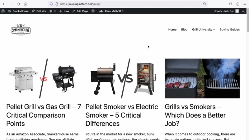 A blog homepage showing organized categories and comparison posts for grill products