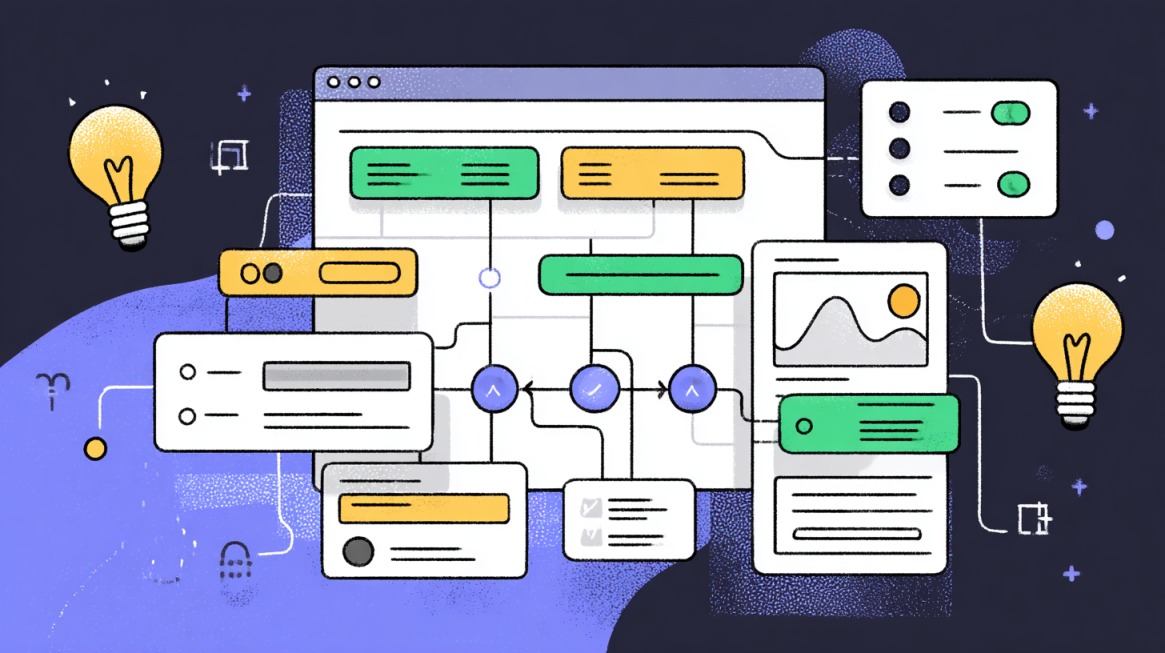 Illustration of a website sitemap with connected pages and SEO elements