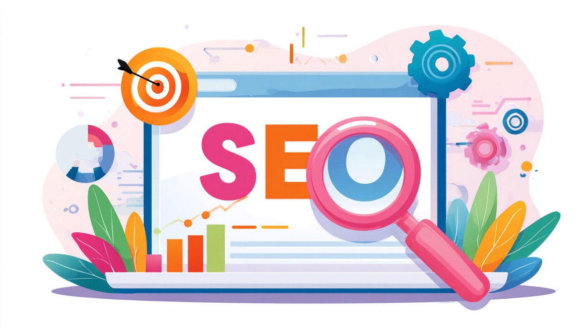 Illustration showing SEO tools, charts, and a magnifying glass analyzing a website