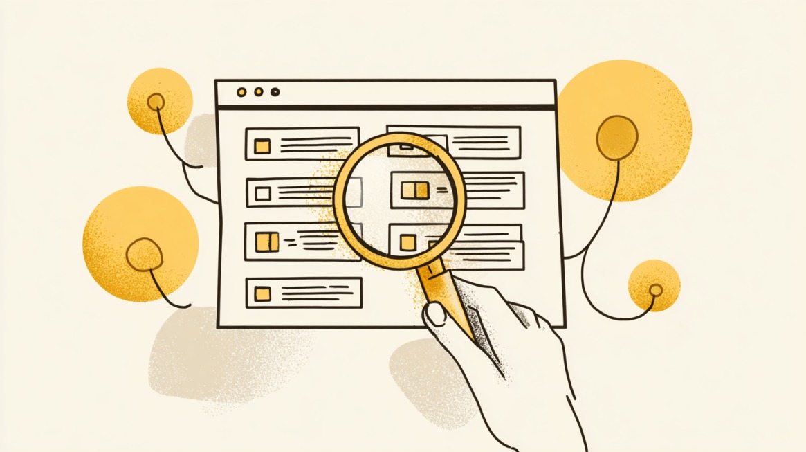 Illustration of a hand holding a magnifying glass over a website sitemap interface