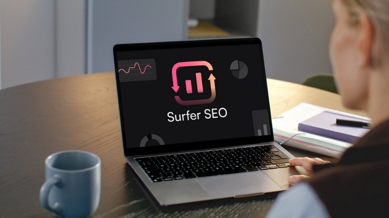 Surfer SEO interface open on a laptop as a user reviews local search performance data