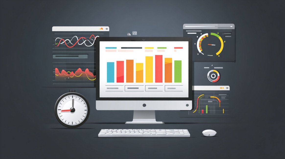 Illustration of a desktop computer showing colorful charts and graphs with performance tools around it
