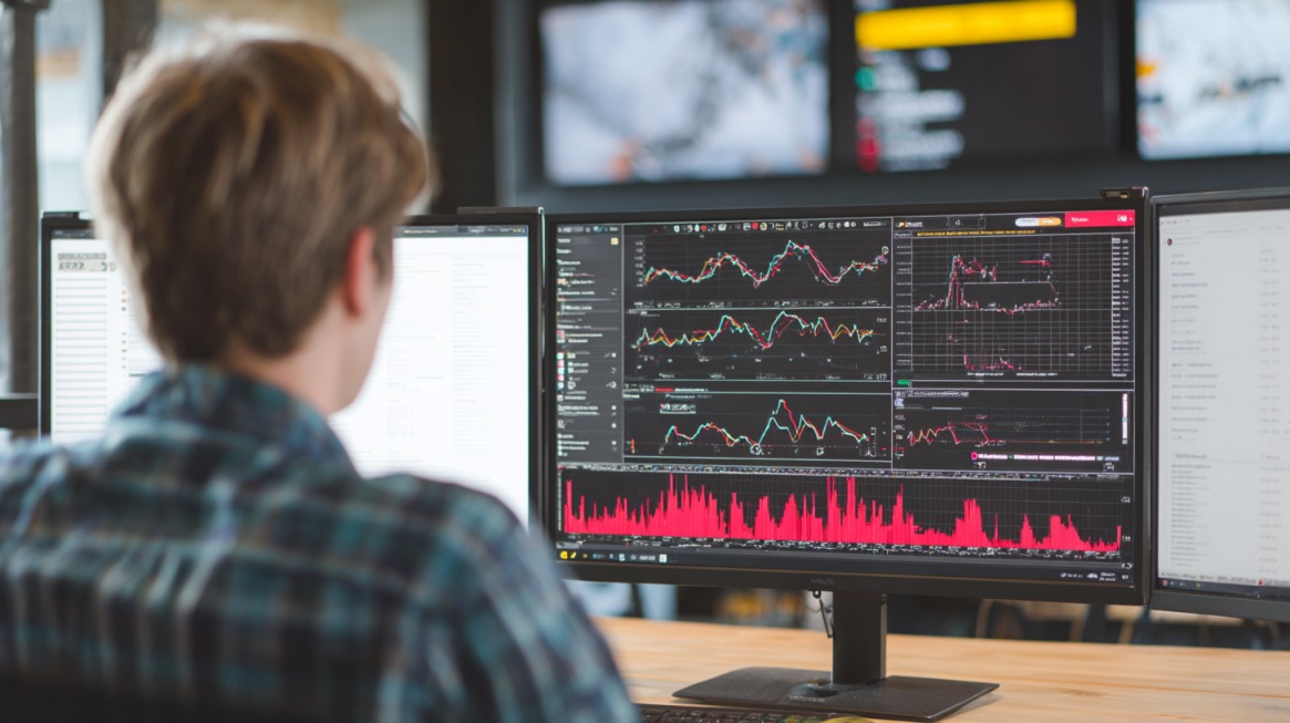 Person viewing multiple performance charts on a widescreen computer monitor