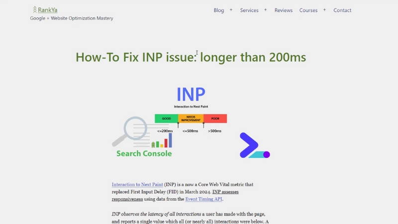 Diagram show common INP problems on blog websites with delays over 200 ms caused by JavaScript and event handling