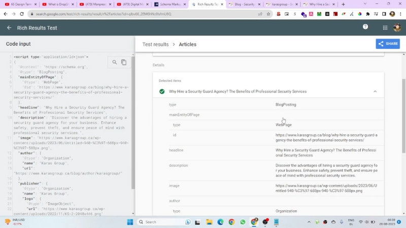 Rich Results Test screen showing Article schema details for a blog post