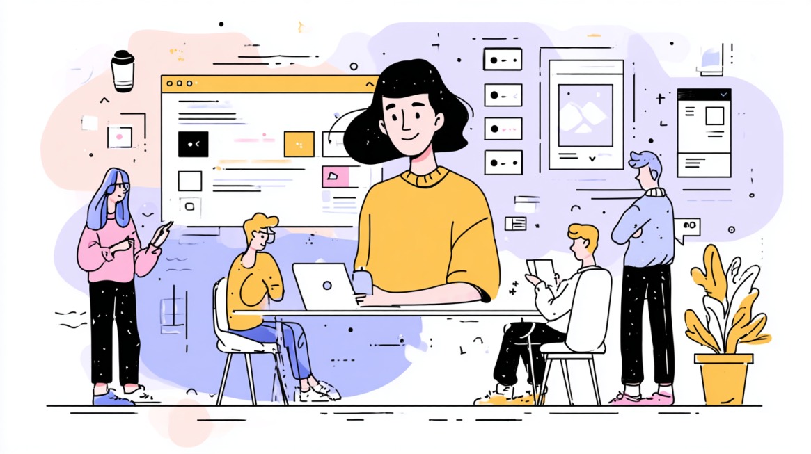 Illustrated team collaborating on digital content and interface design