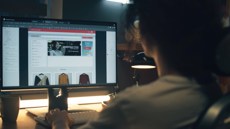 Person edits a blog layout inside a desktop content management system interface