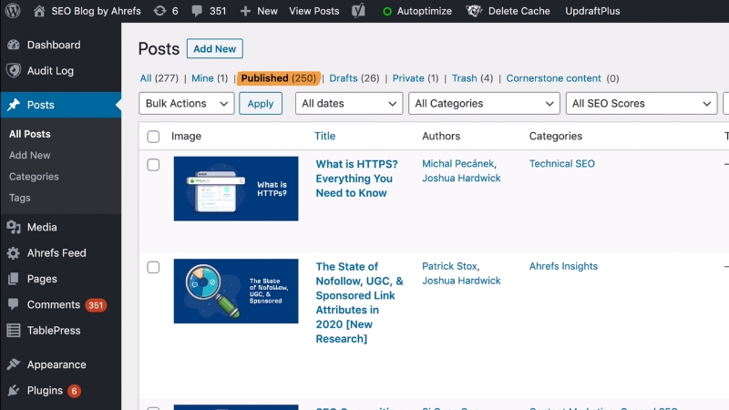 WordPress post list showing published articles inside the dashboard