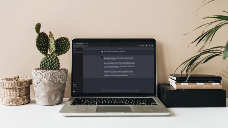A laptop on a desk shows an AI writing interface beside plants and notebooks