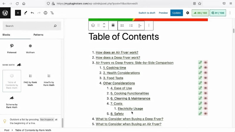 WordPress editor shows a table of contents block placed near the top of a long blog article