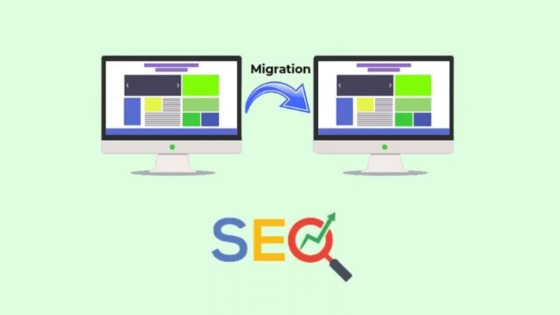 Diagram shows a blog site move where URL changes and SEO signals cause ranking loss