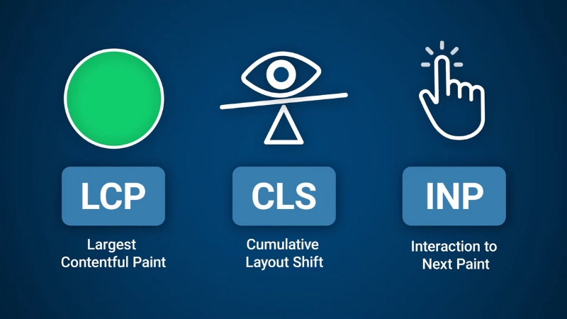Core Web Vitals metrics LCP, CLS, and INP shown with simple icons