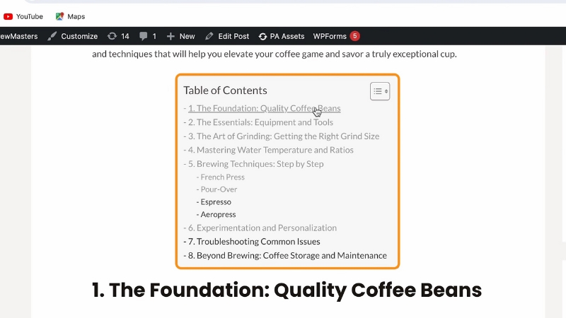 Image shows a long form blog post with a visible table of contents placed above the main heading