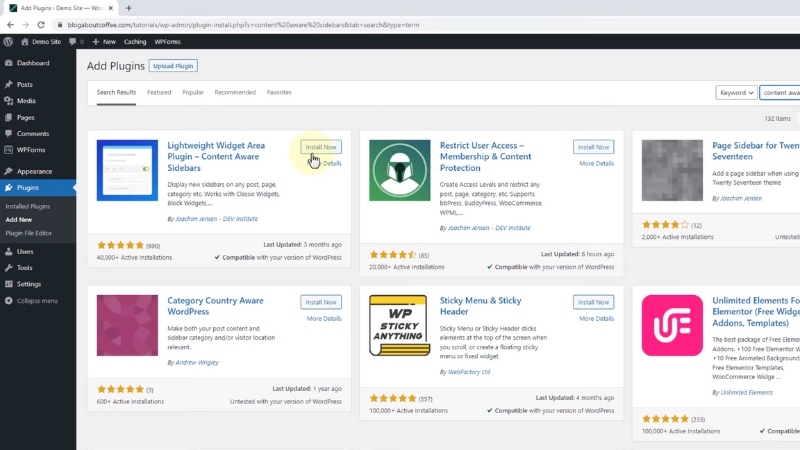 WordPress plugin directory screen show multiple sidebar and widget plugins ready for instal