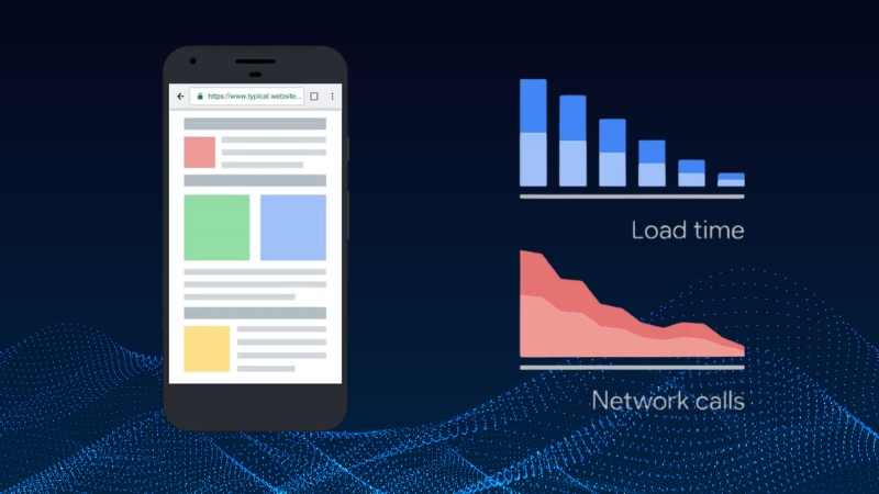 Mobile webpage mockup with charts showing reduced load time and fewer network calls after removing render-blocking JavaScript