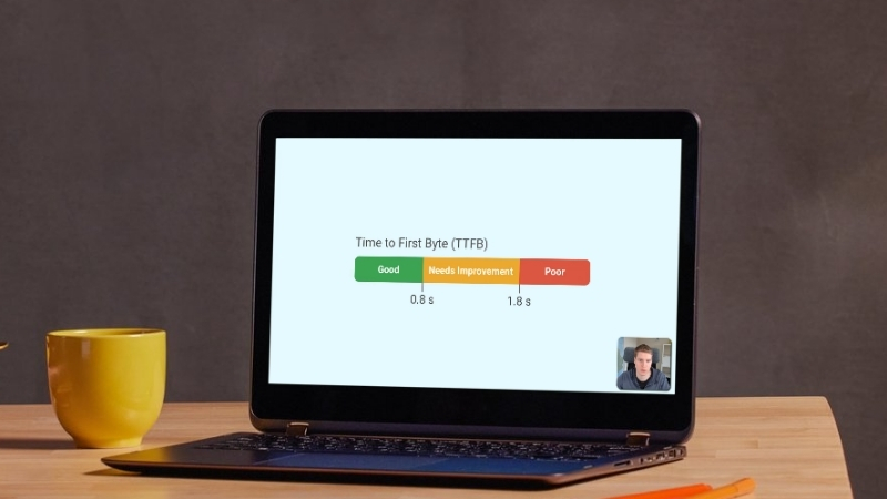 Laptop screen showing performance test results about reducing TTFB on blog websites